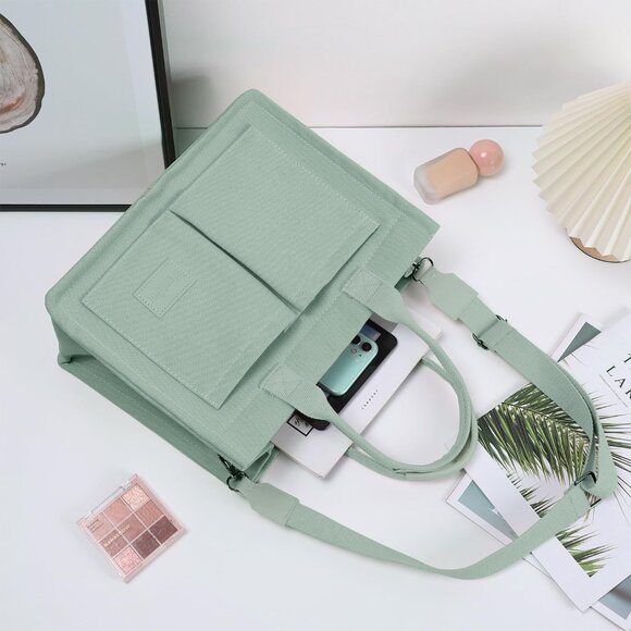 Green Canvas Multi-pocket Women's Tote Bag for Work, Travel, Shopping, Casual Us - Picture 4 of 7